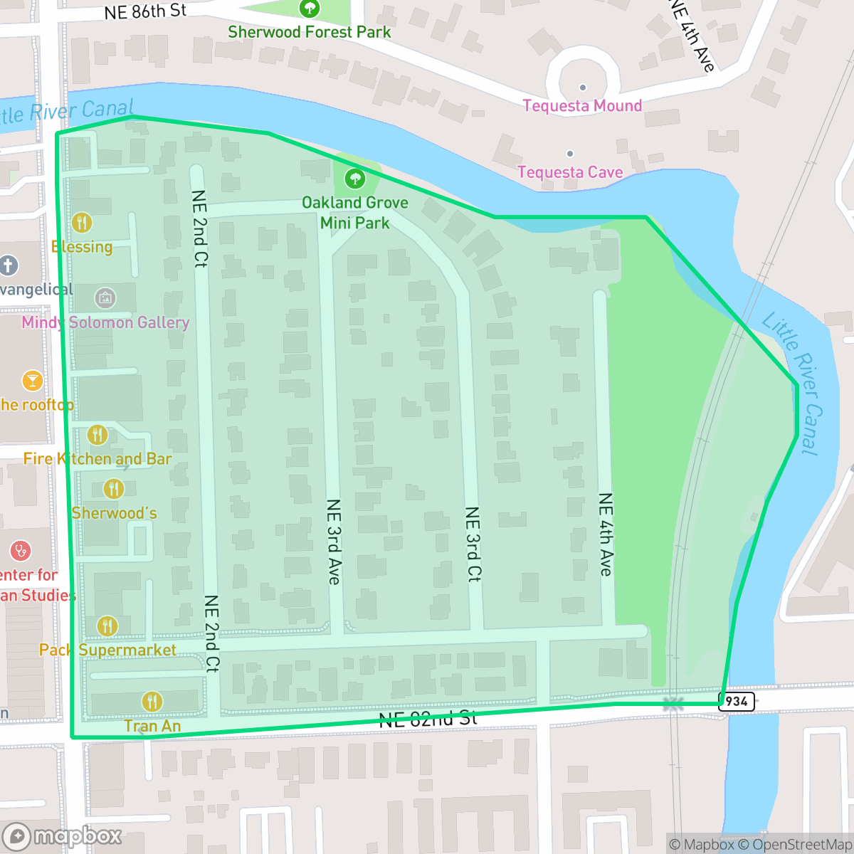Map showing the location of Oakland Grove, Miami, FL
