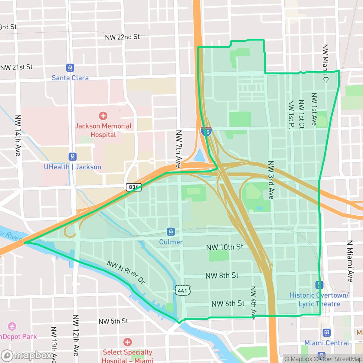 Map showing the location of Overtown, Miami, FL