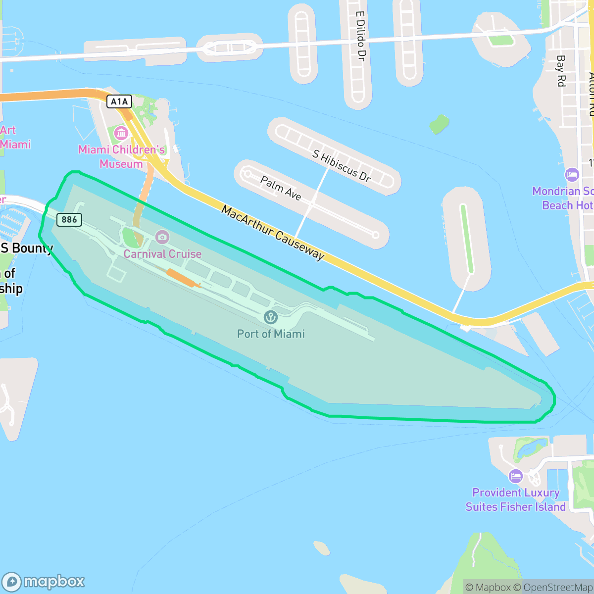 Map showing the location of Port of Miami - Dodge Island, Miami, FL