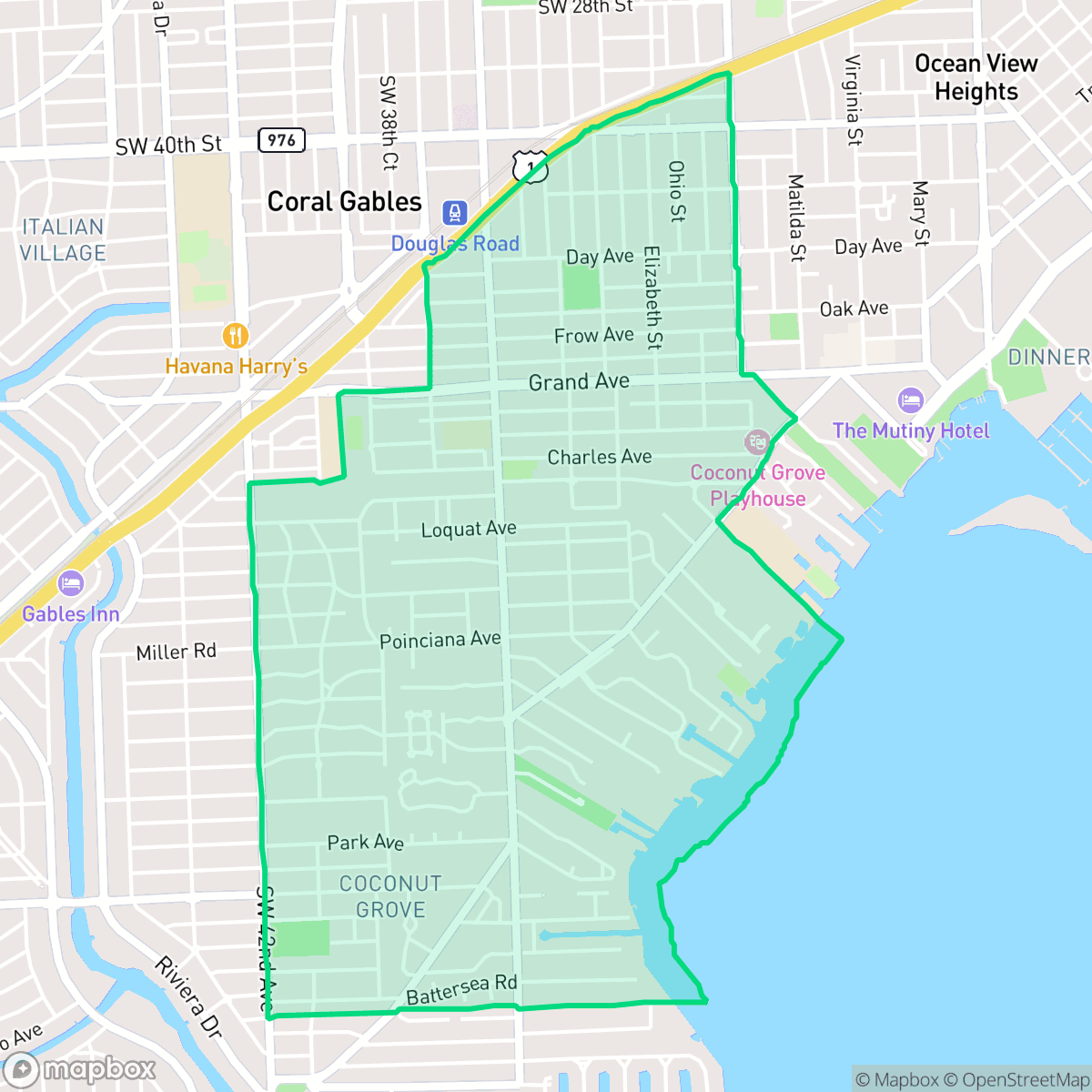 Map showing the location of South-West Coconut Grove, Miami, FL