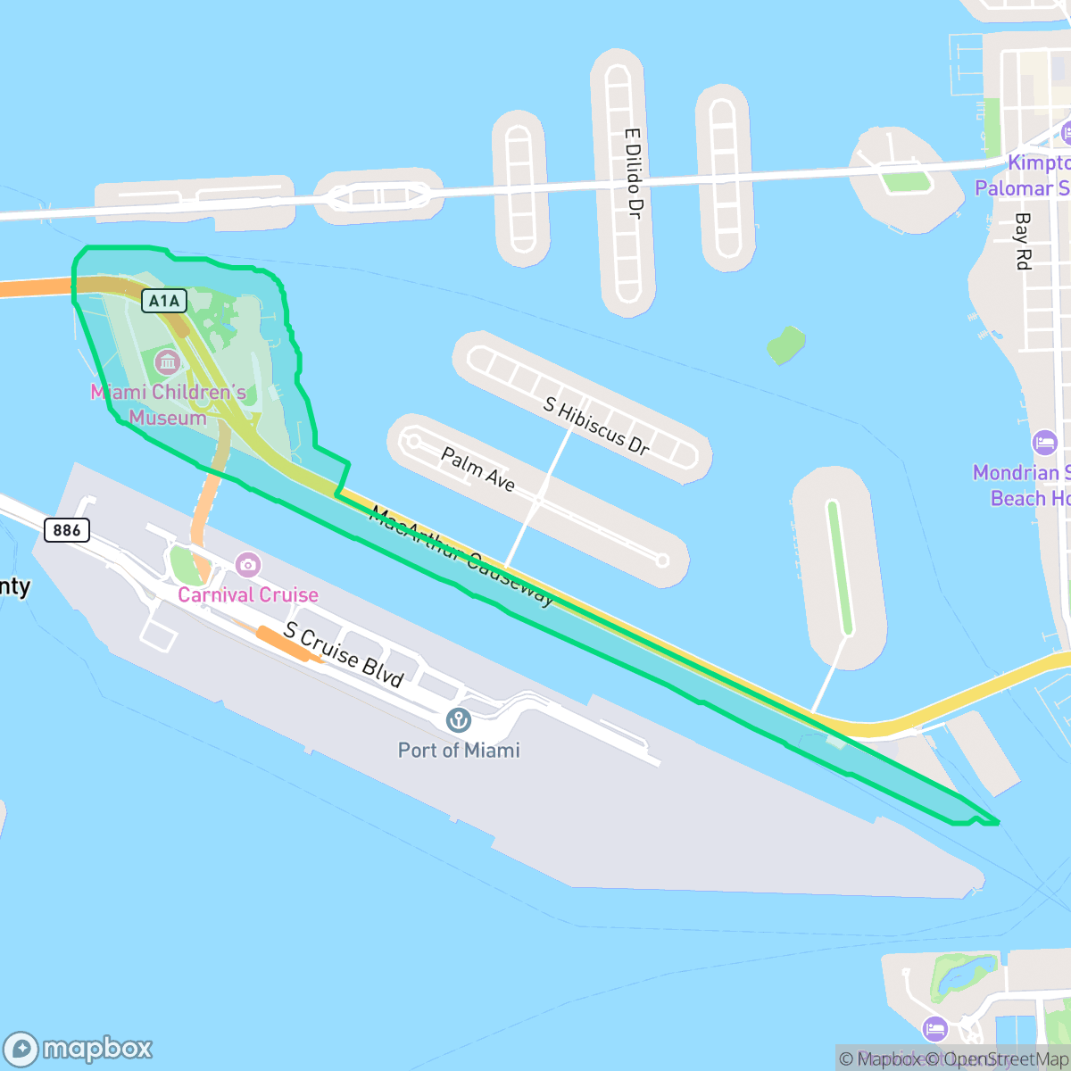 Map showing the location of Watson Island, Miami, FL