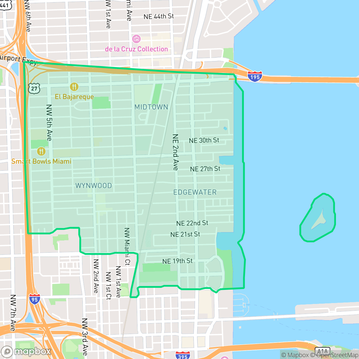 Map showing the location of Wynwood - Edgewater, Miami, FL