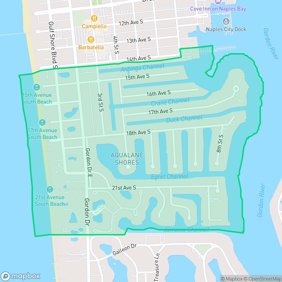Map showing the location of Aqualane Shore, Naples, FL