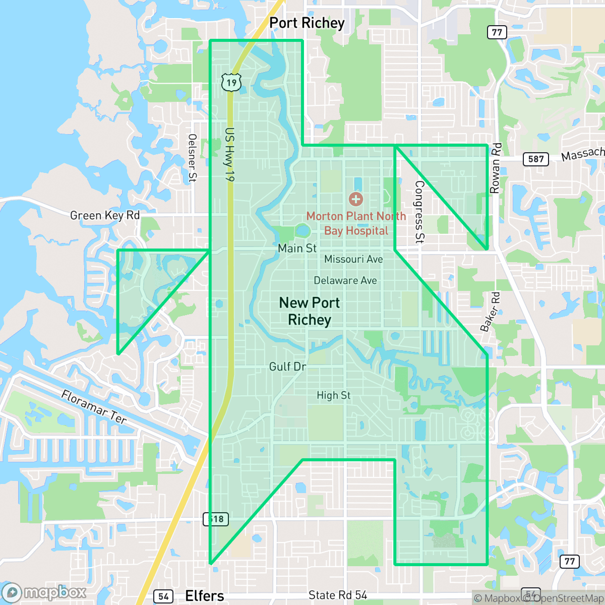 Map showing the location of New Port Richey, FL — coverage area