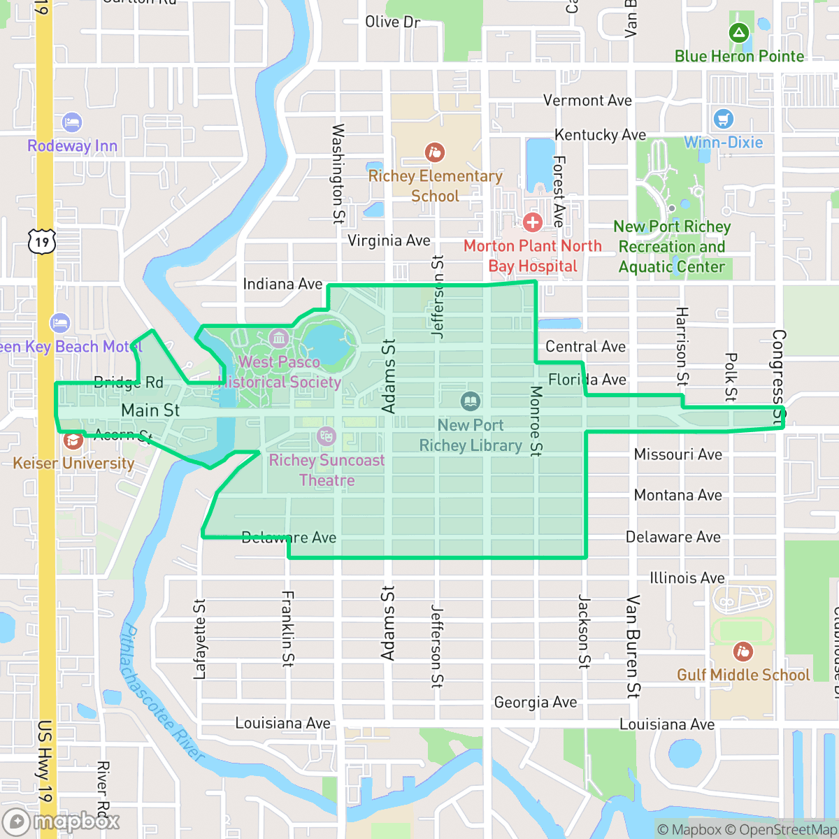 Map showing the location of Downtown, New Port Richey, FL