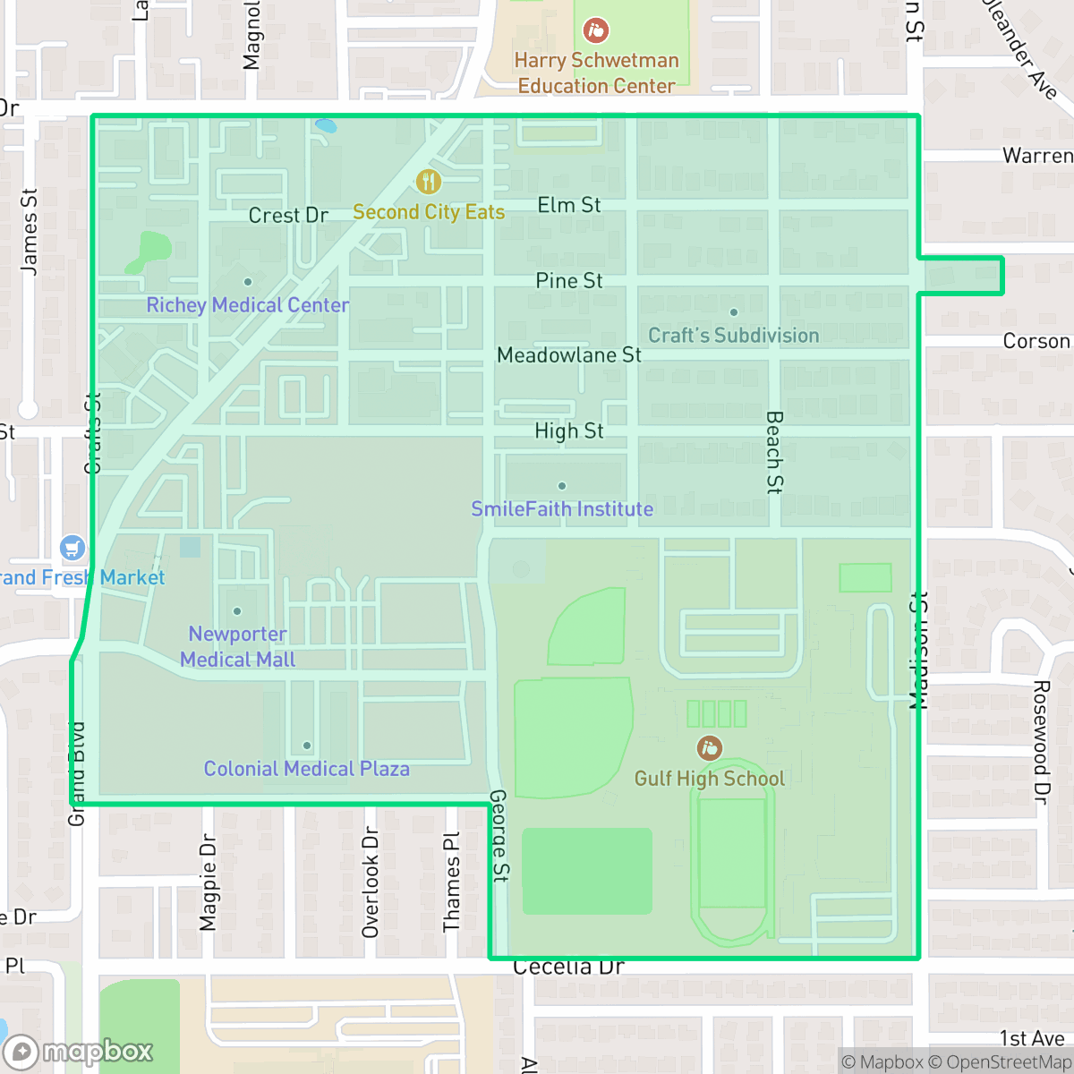 Map showing the location of Schwettman Oaks, New Port Richey, FL