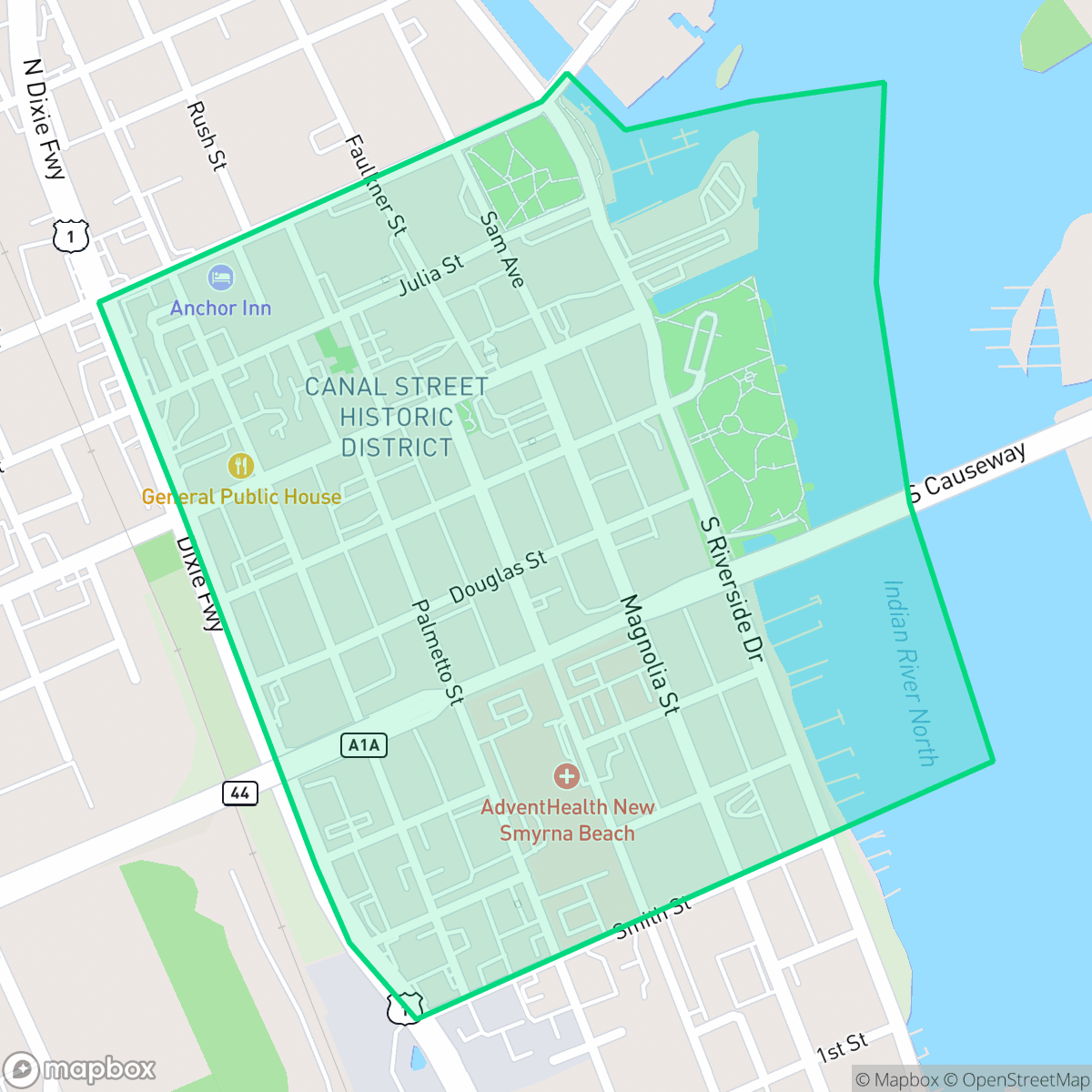 Map showing the location of Canal Downtown, New Smyrna Beach, FL