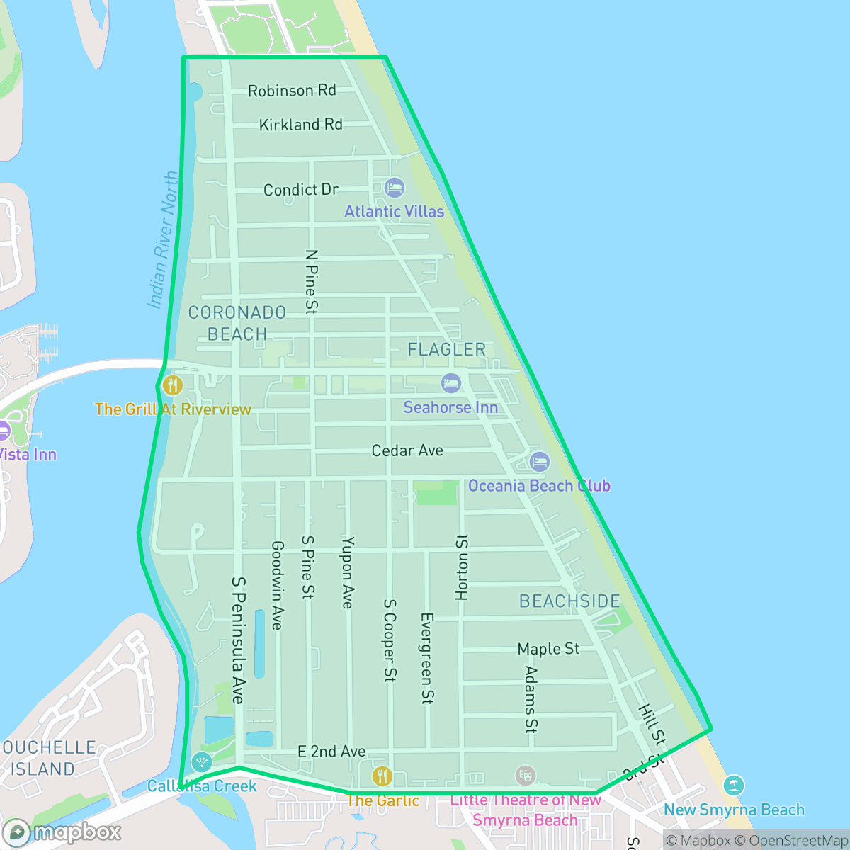 Map showing the location of Central Beach, New Smyrna Beach, FL