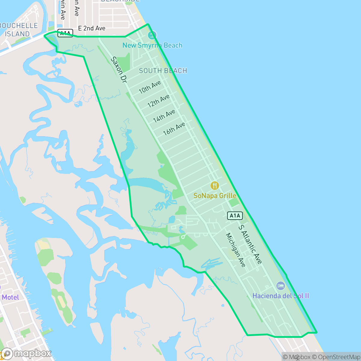 Map showing the location of Coronado Beach, New Smyrna Beach, FL
