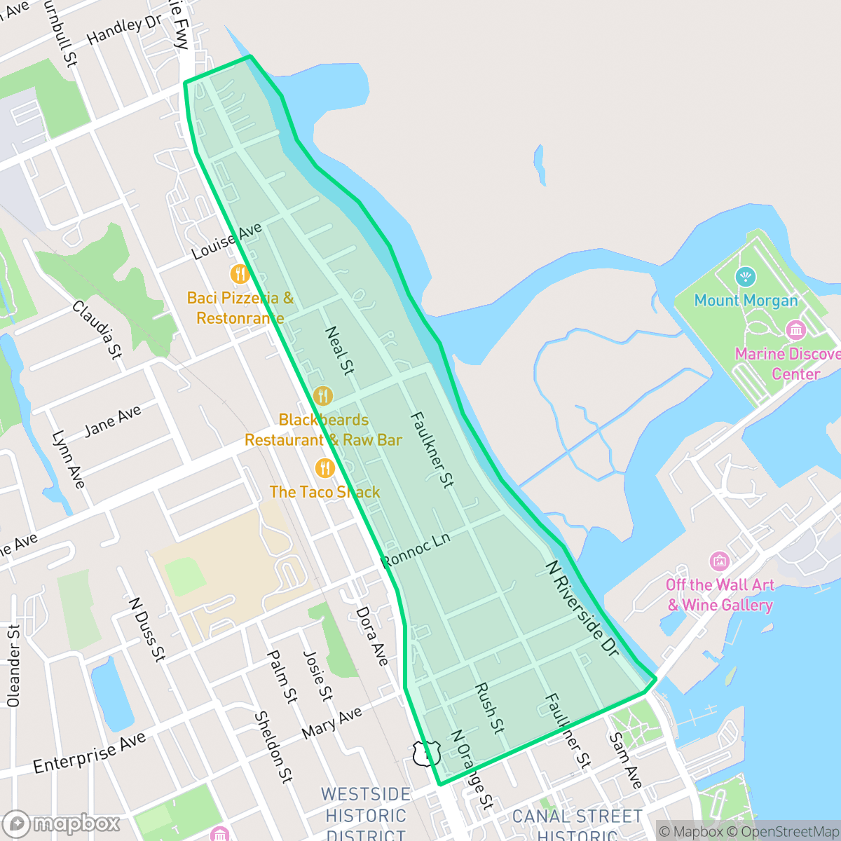 Map showing the location of Faulkner, New Smyrna Beach, FL