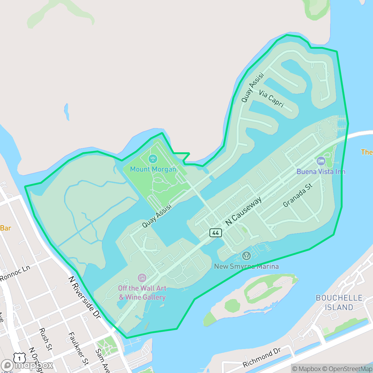 Map showing the location of North Causeway, New Smyrna Beach, FL