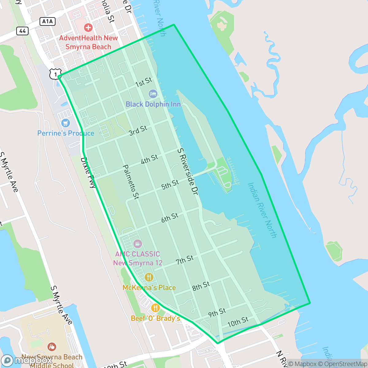 Map showing the location of South Mainland, New Smyrna Beach, FL
