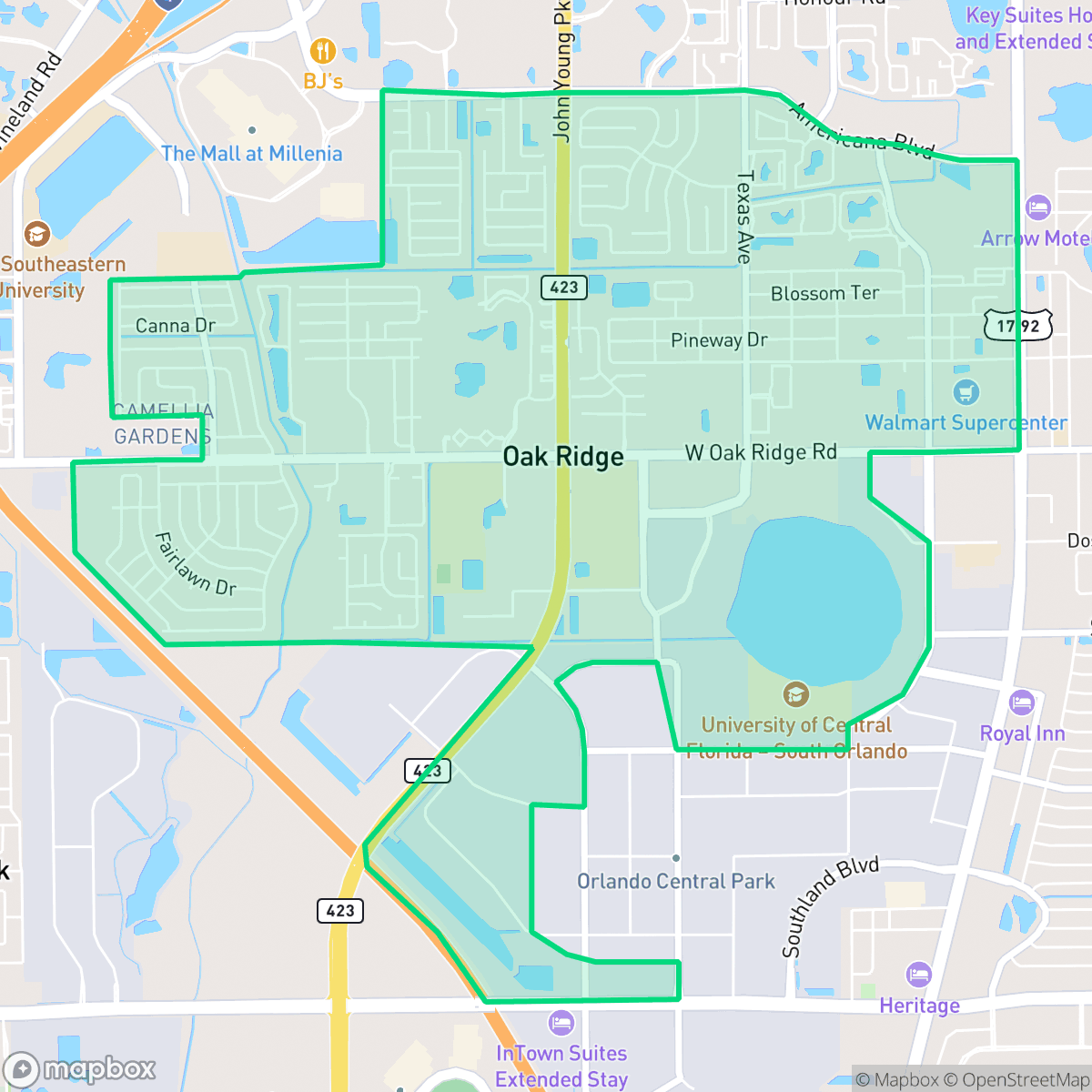 Map showing the location of Oak Ridge, FL — coverage area