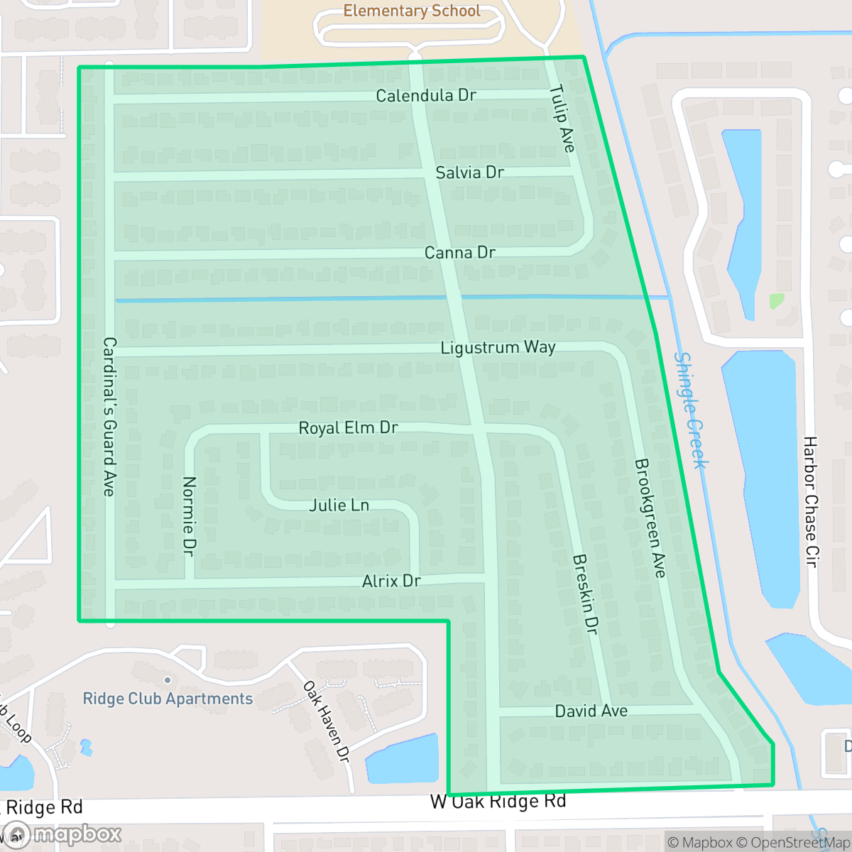 Map showing the location of Camellia Gardens, Oak Ridge, FL