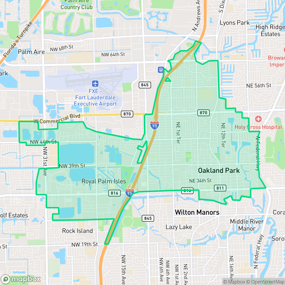 Map showing the location of Oakland Park, FL — coverage area