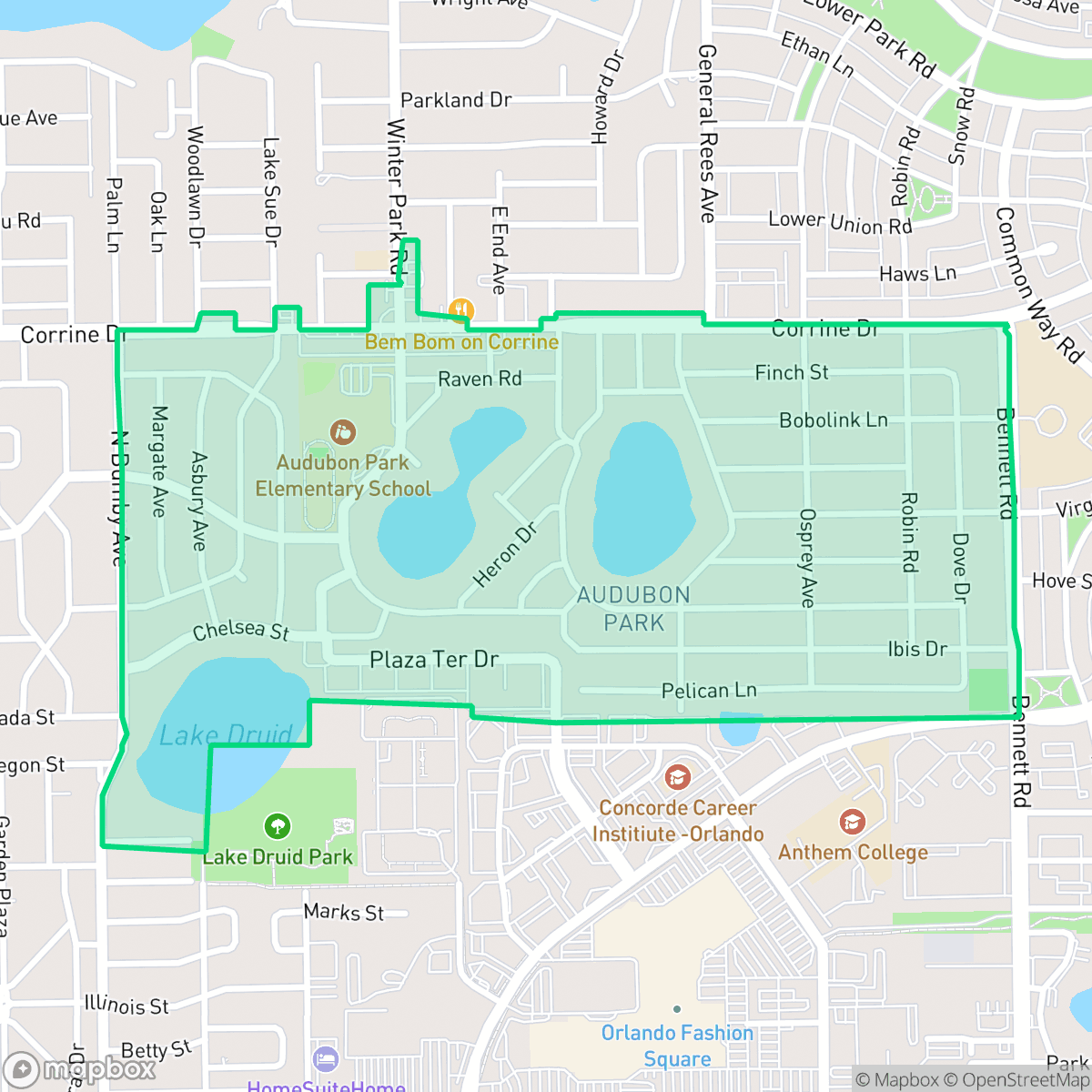 Map showing the location of Audubon Park, Orlando, FL