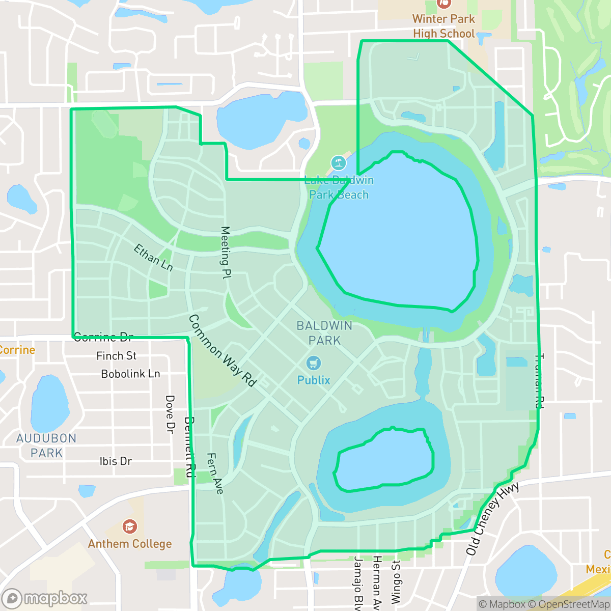Map showing the location of Baldwin Park, Orlando, FL