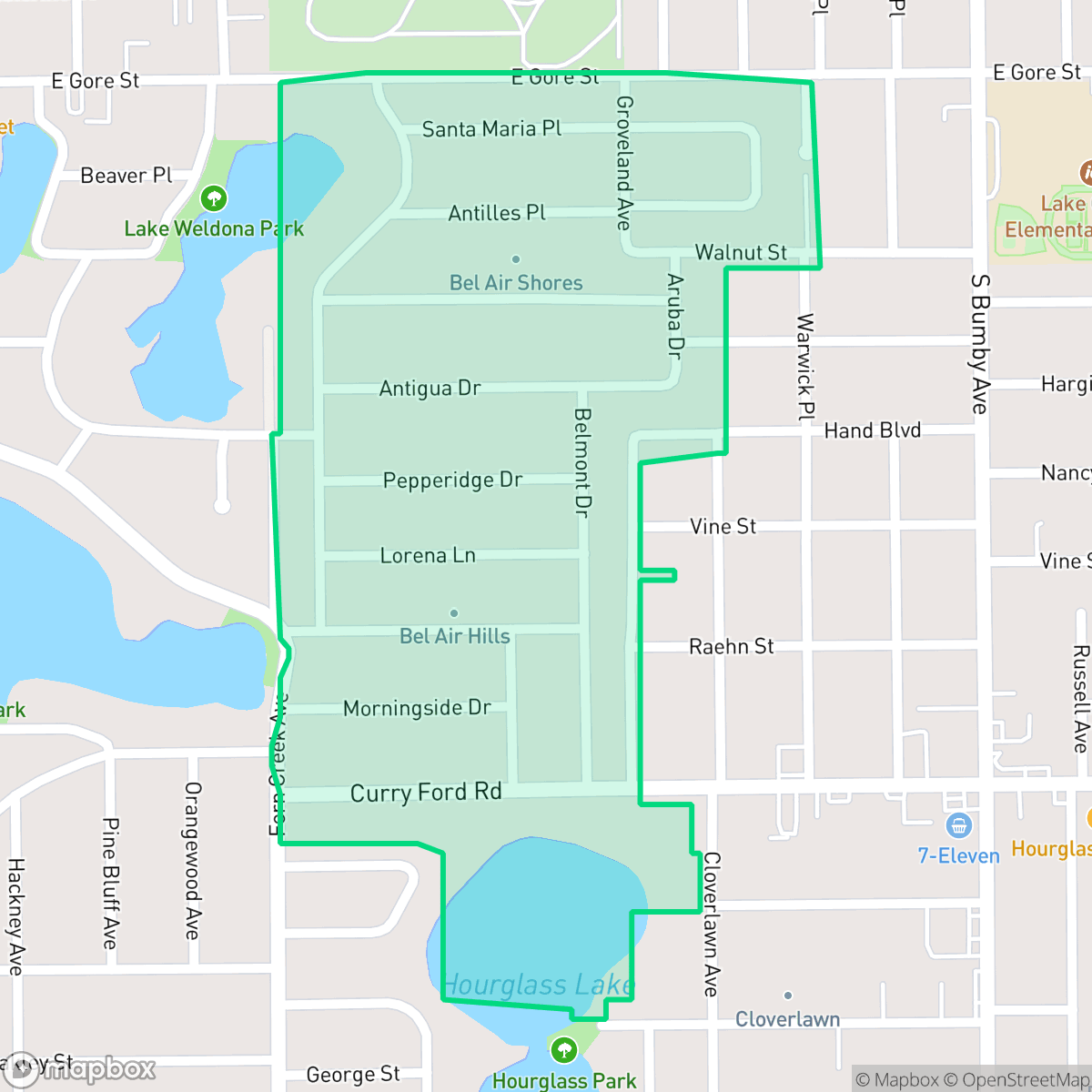 Map showing the location of Bel Air, Orlando, FL