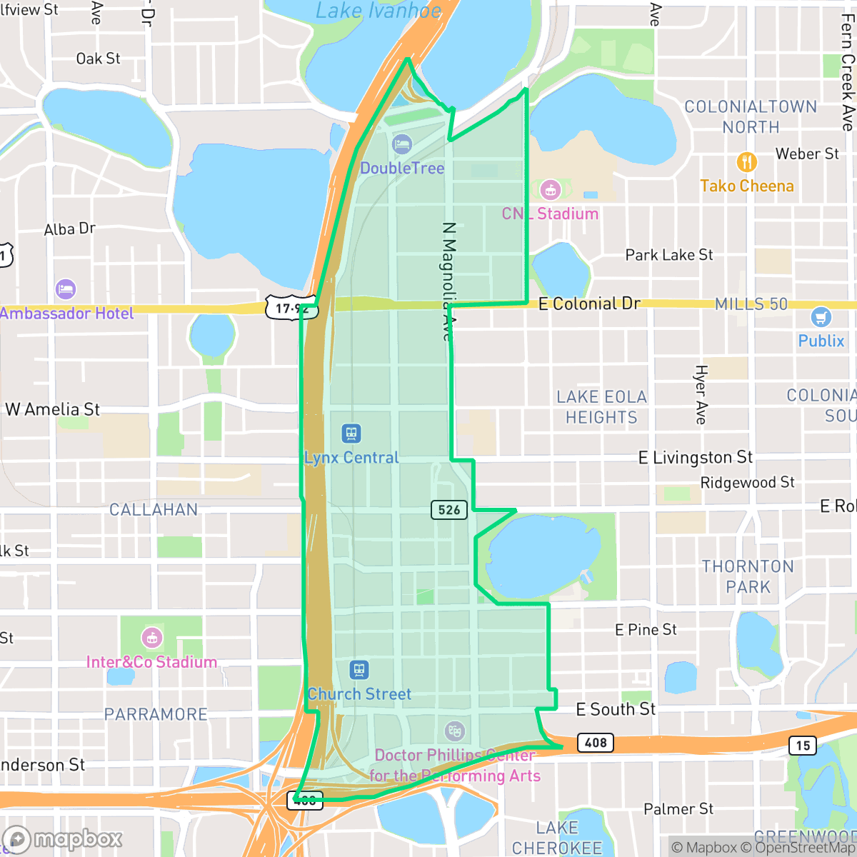 Map showing the location of Central Business District, Orlando, FL