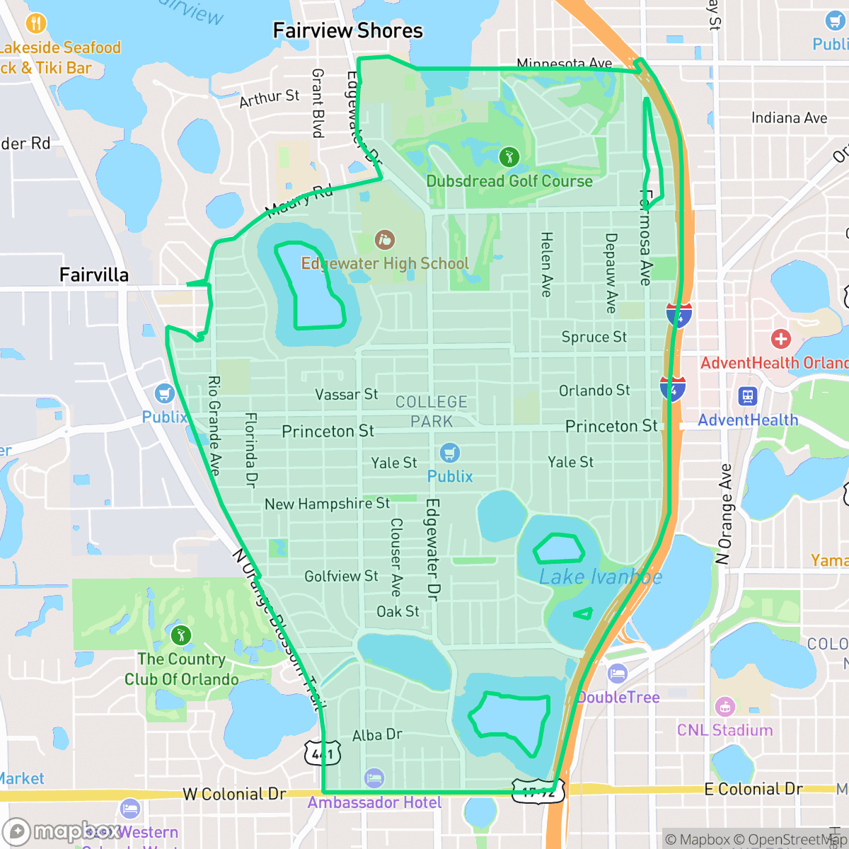Map showing the location of College Park, Orlando, FL