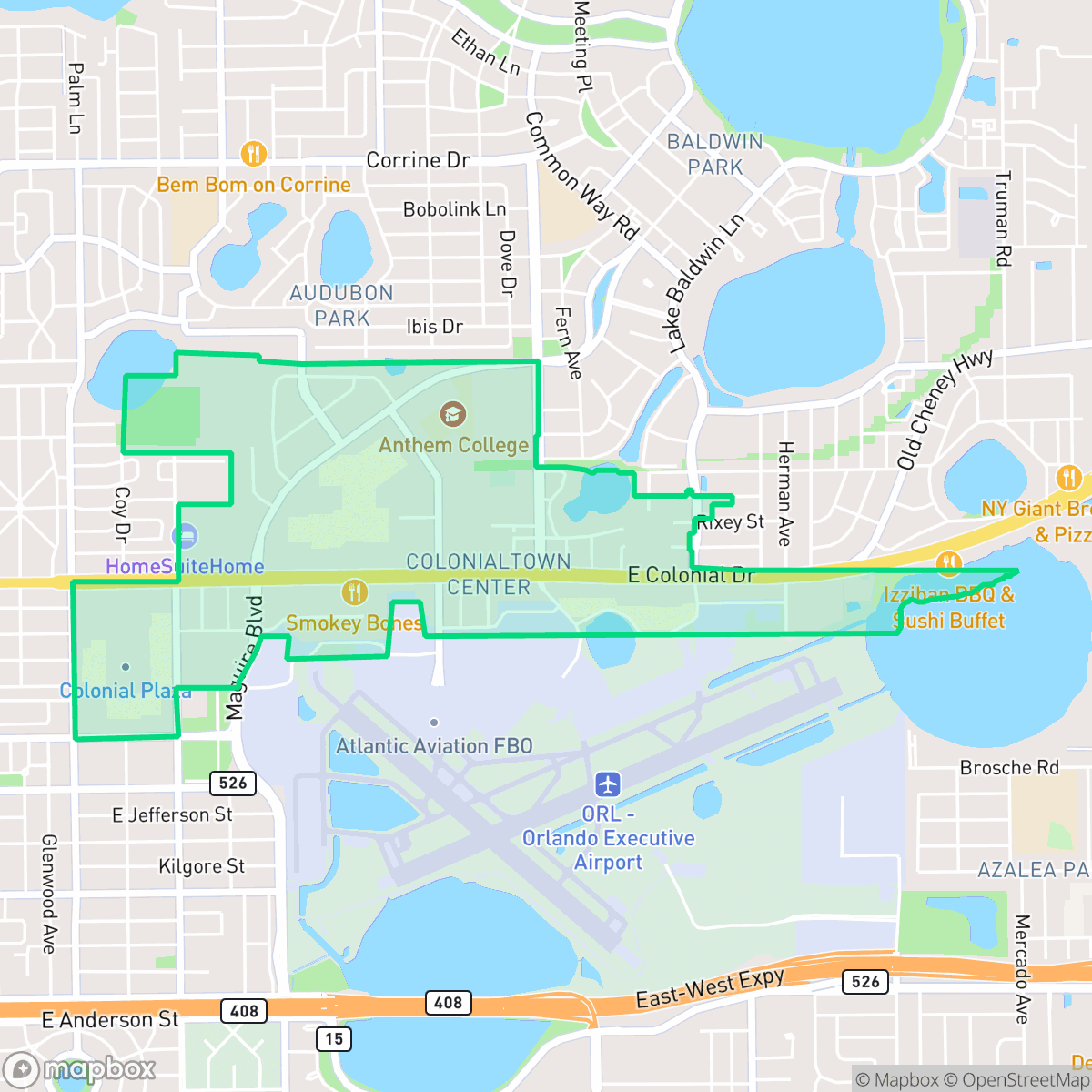 Map showing the location of Colonial Town Center, Orlando, FL