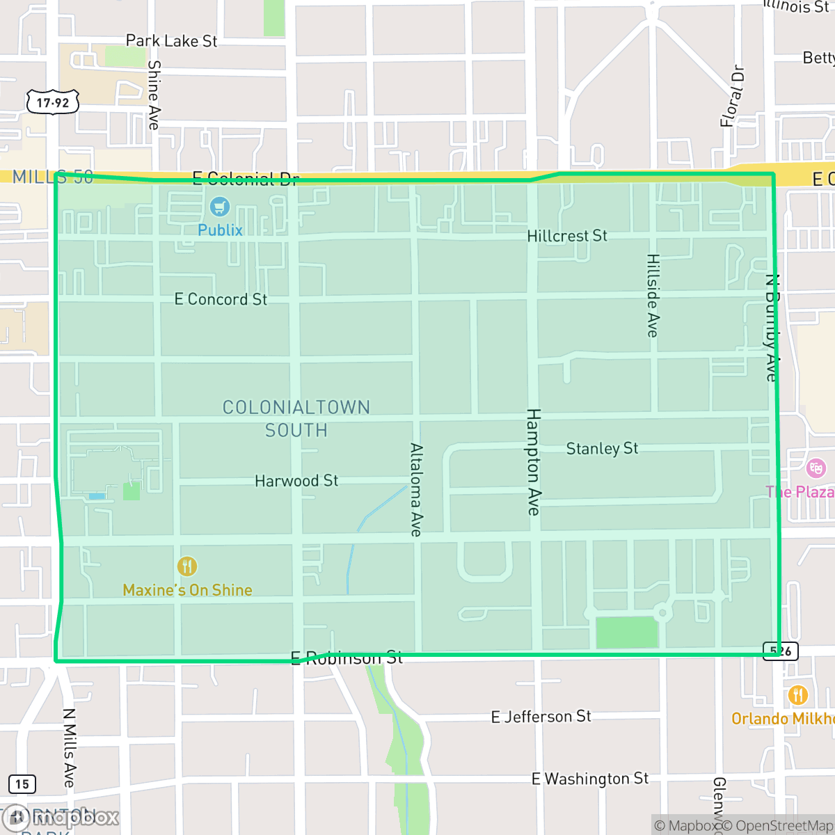 Map showing the location of Colonialtown South, Orlando, FL
