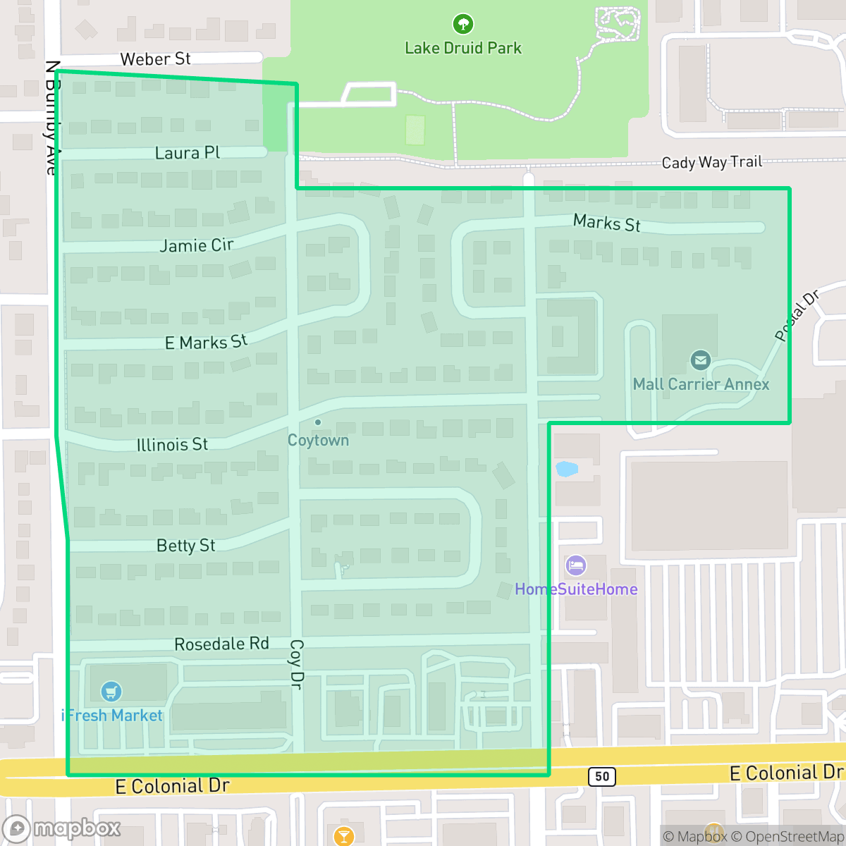 Map showing the location of Coytown, Orlando, FL
