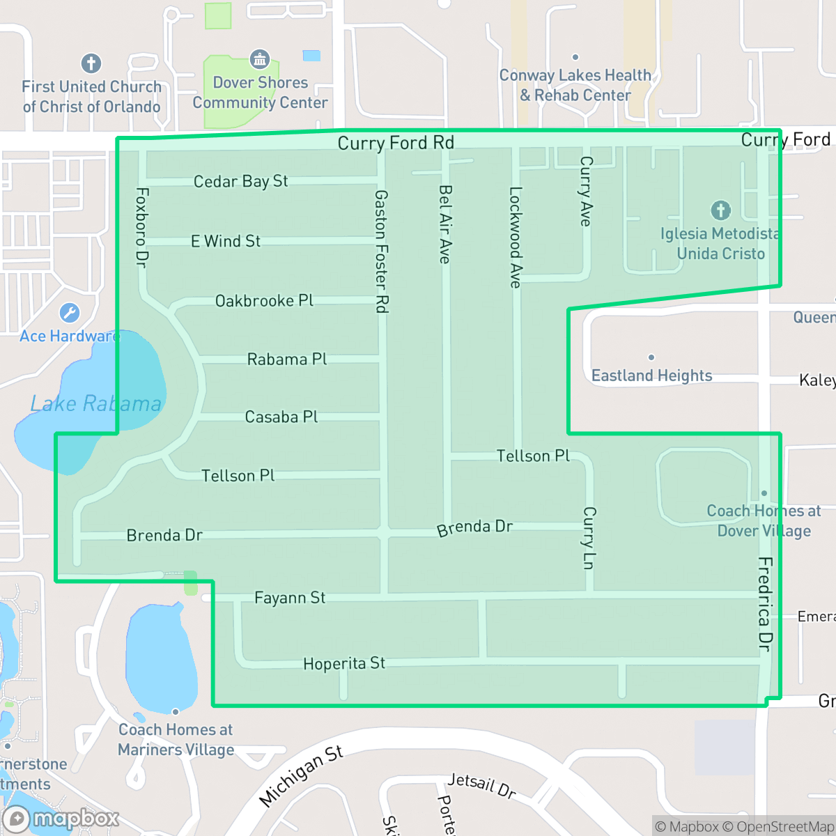 Map showing the location of Dover Estates, Orlando, FL