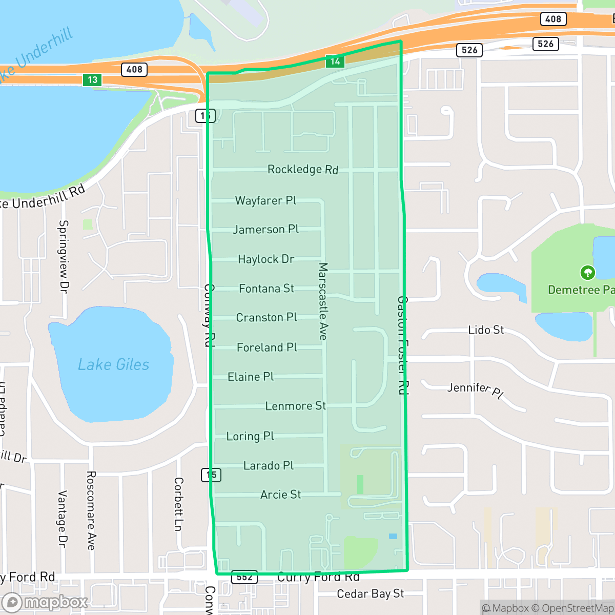 Map showing the location of Dover Shores East, Orlando, FL