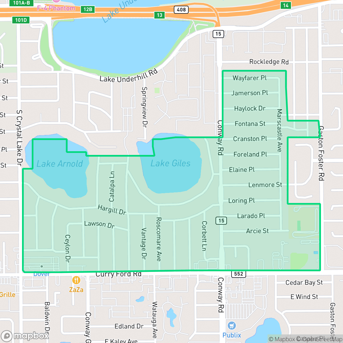 Map showing the location of Dover Shores, Orlando, FL