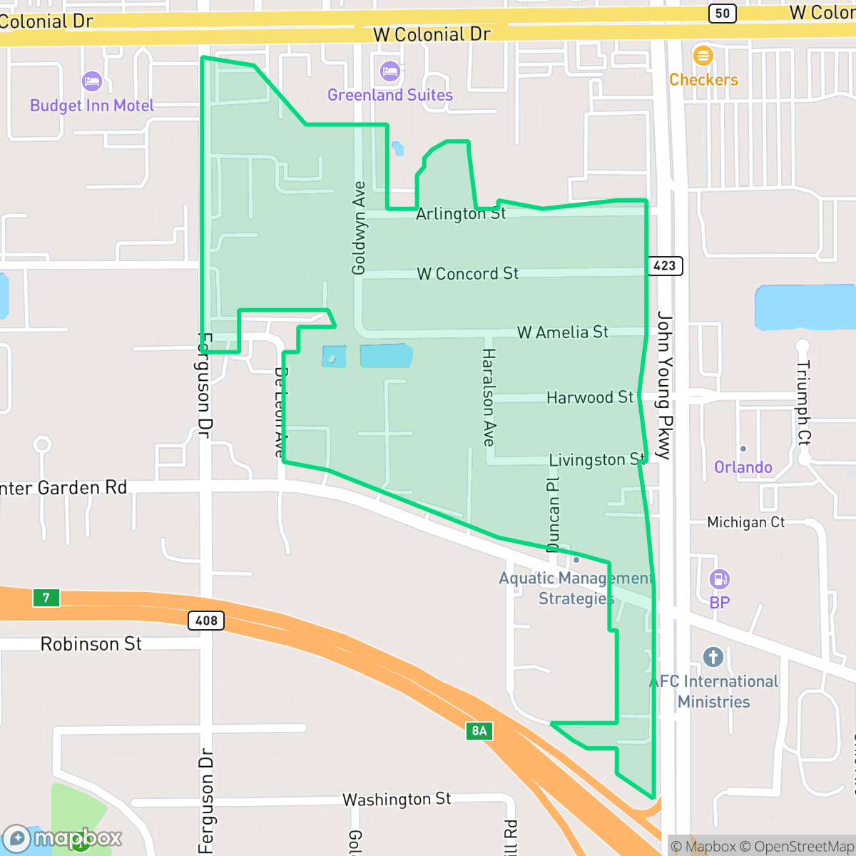 Map showing the location of Haralson Estates, Orlando, FL