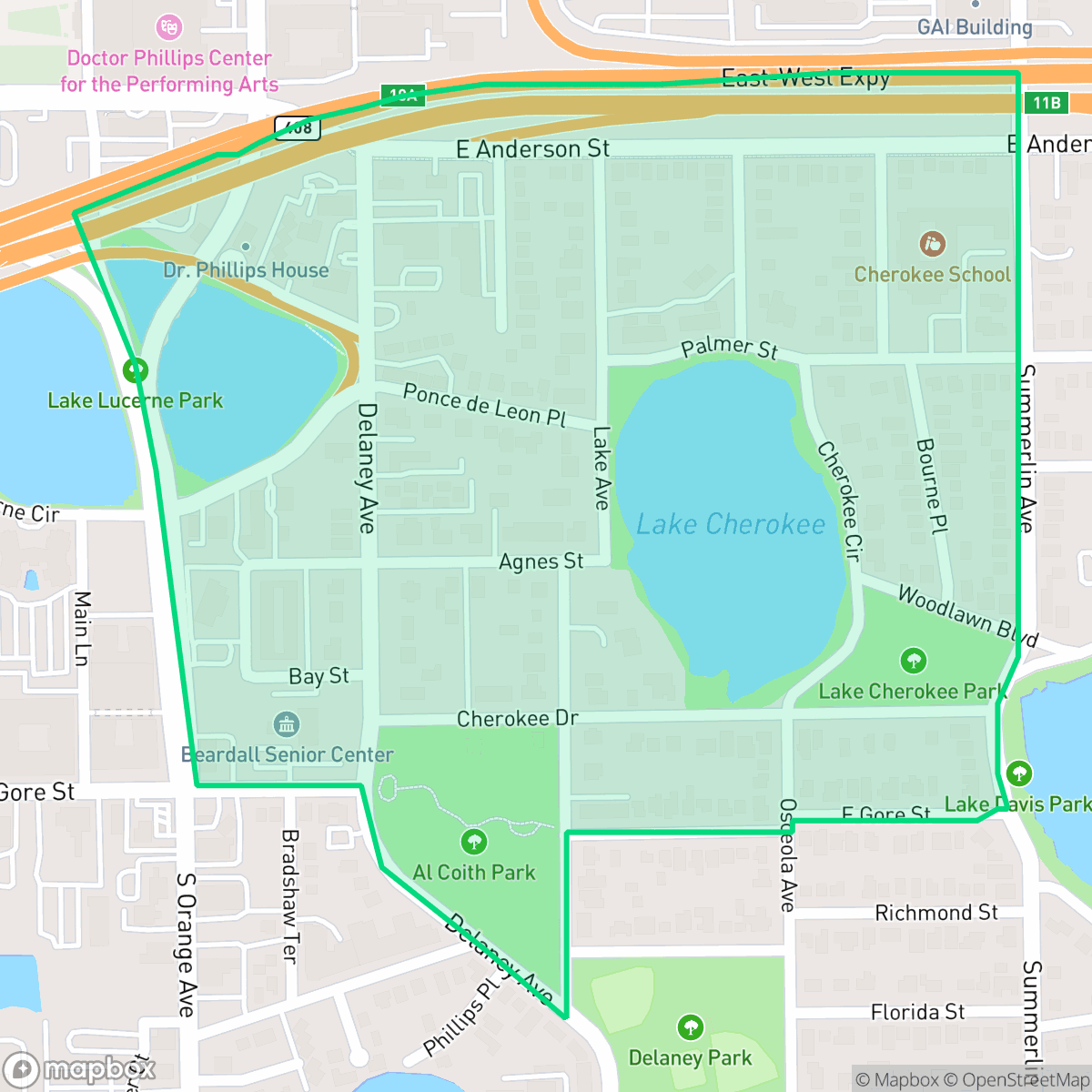 Map showing the location of Lake Cherokee, Orlando, FL