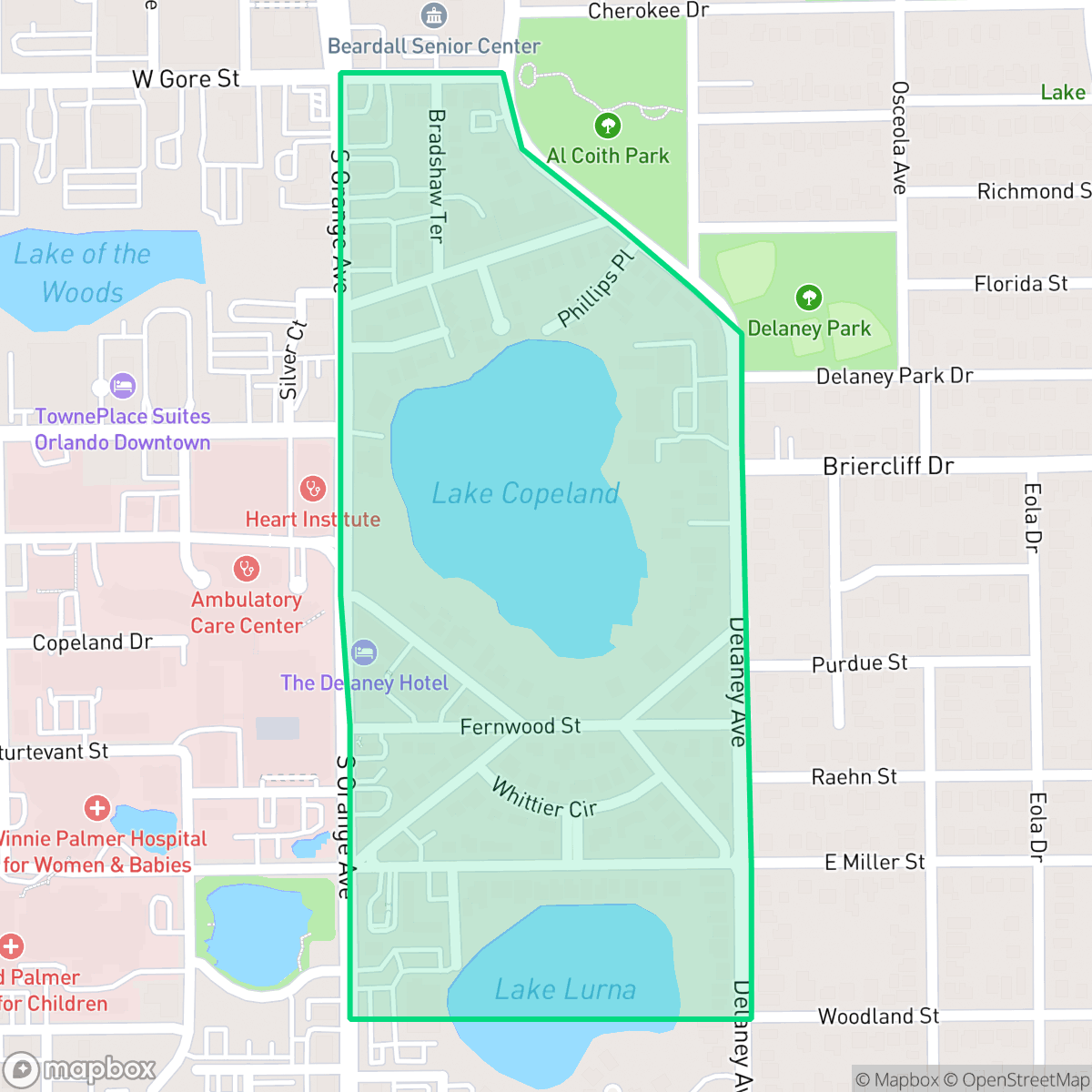 Map showing the location of Lake Copeland, Orlando, FL