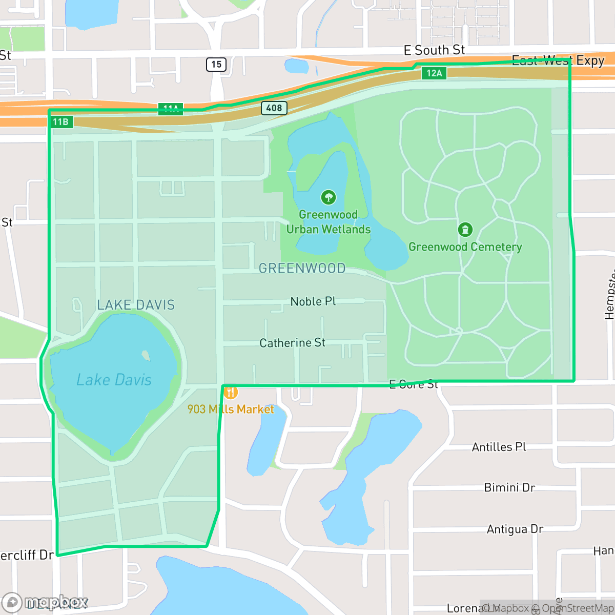 Map showing the location of Lake Davis-Greenwood, Orlando, FL