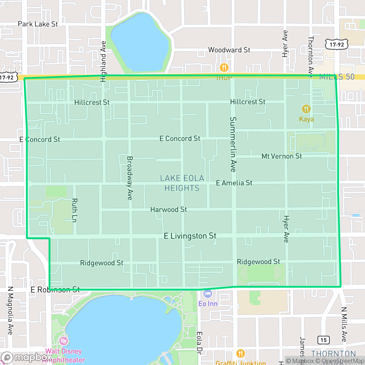 Map showing the location of Lake Eola Heights, Orlando, FL