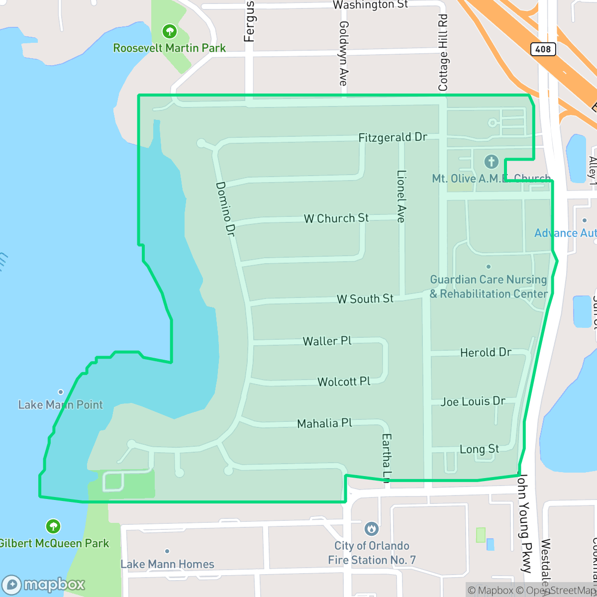 Map showing the location of Lake Mann Estates, Orlando, FL