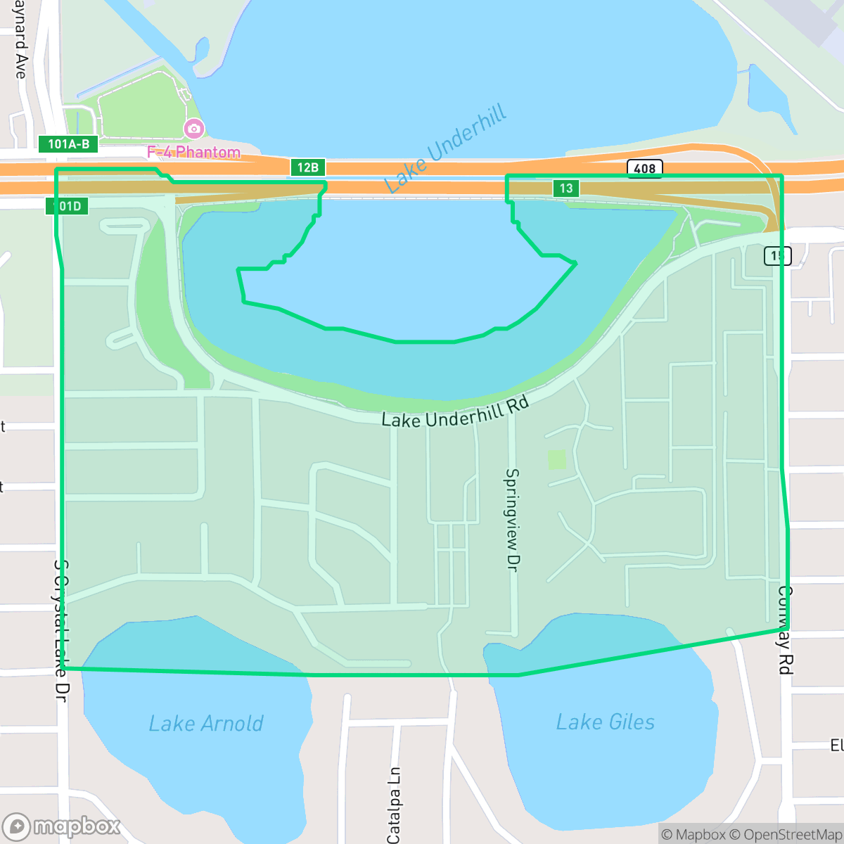 Map showing the location of Lake Underhill, Orlando, FL