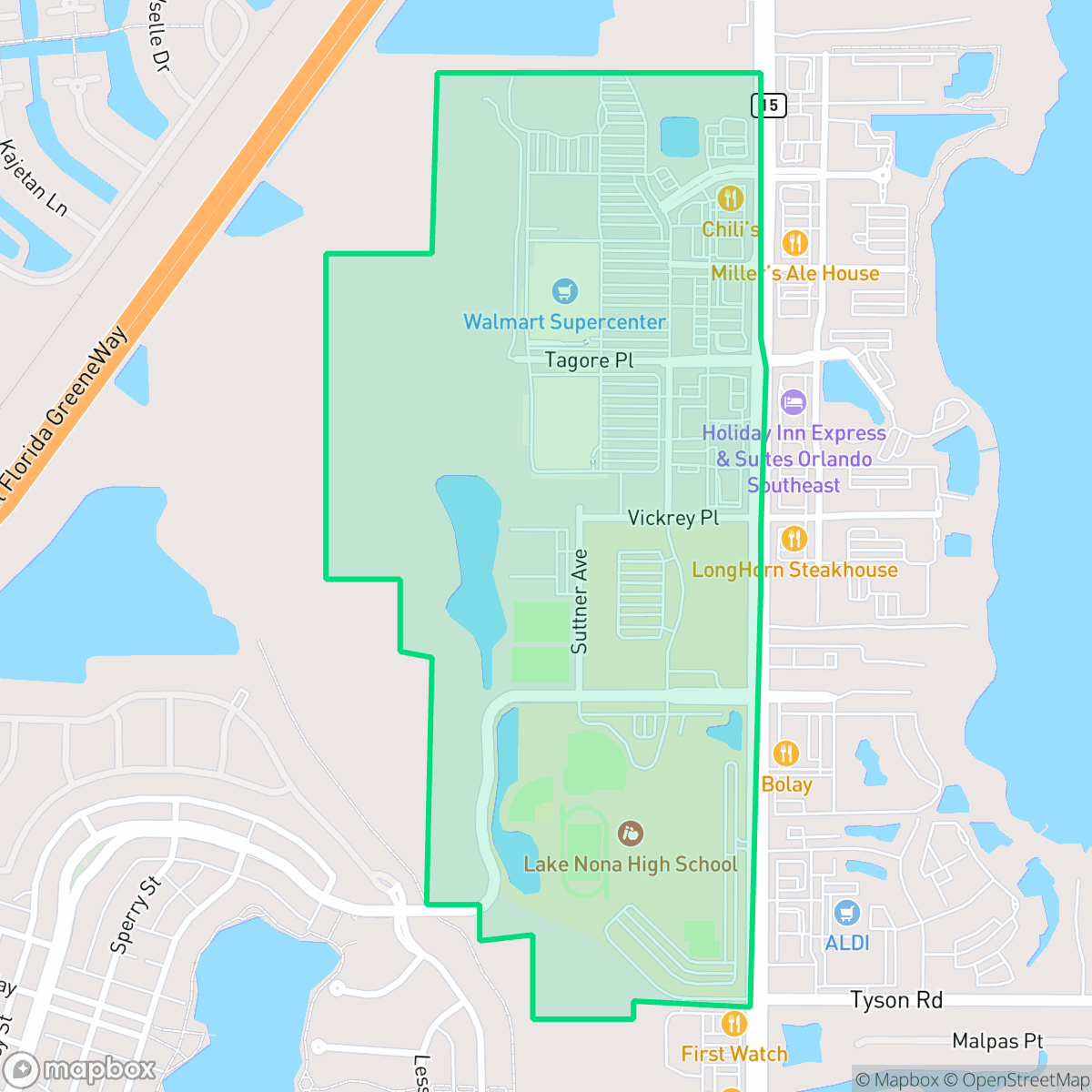 Map showing the location of Narcoossee Groves, Orlando, FL