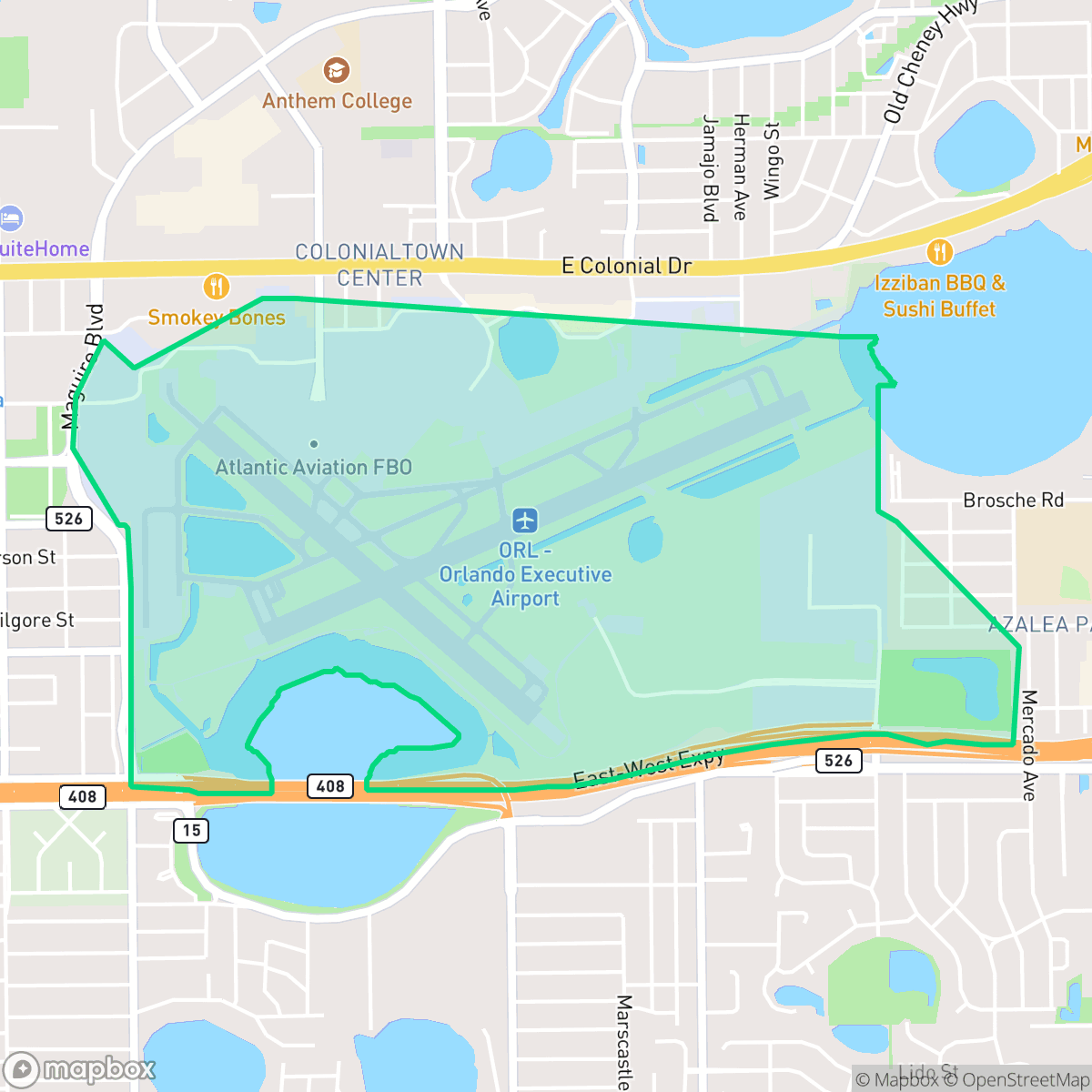 Map showing the location of Orlando Executive Airport, Orlando, FL