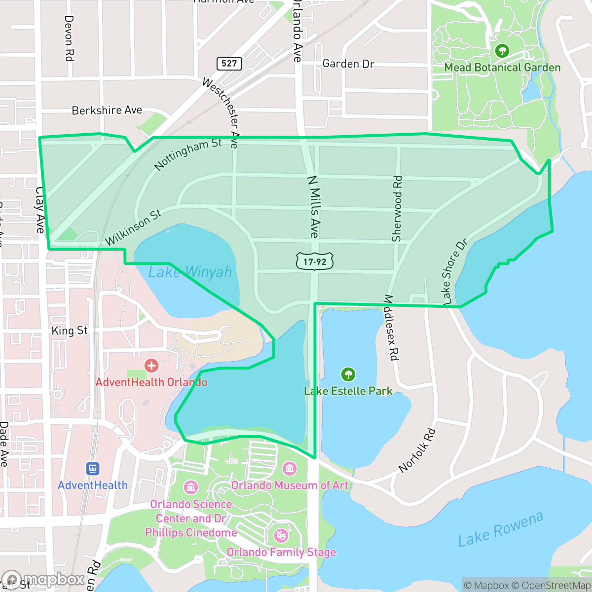 Map showing the location of Orwin Manor, Orlando, FL