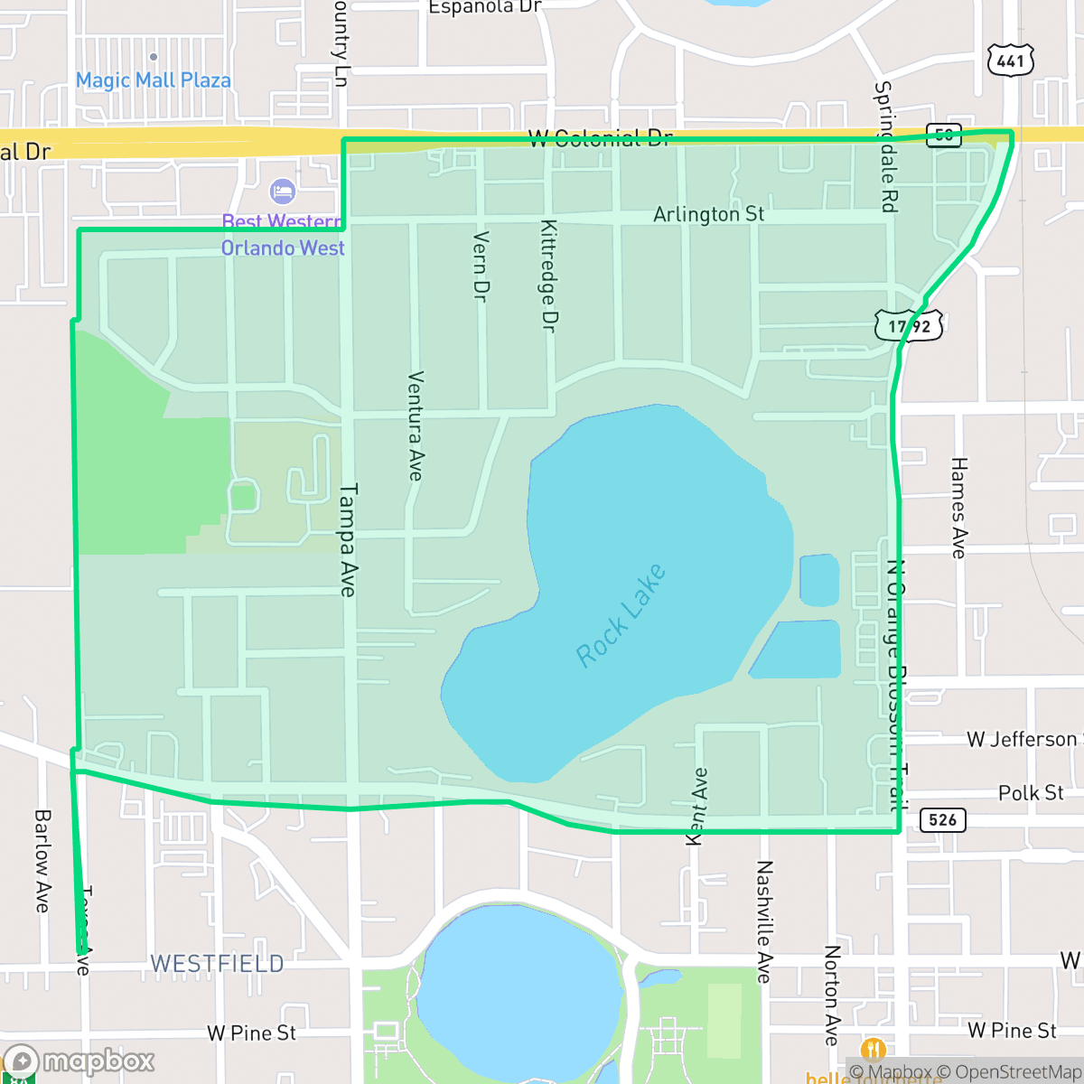Map showing the location of Rock Lake, Orlando, FL