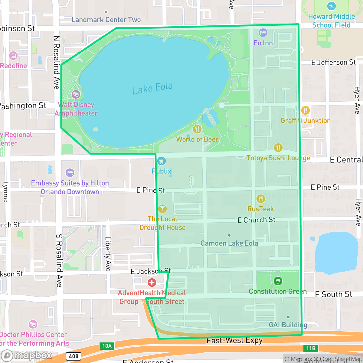 Map showing the location of South Eola, Orlando, FL
