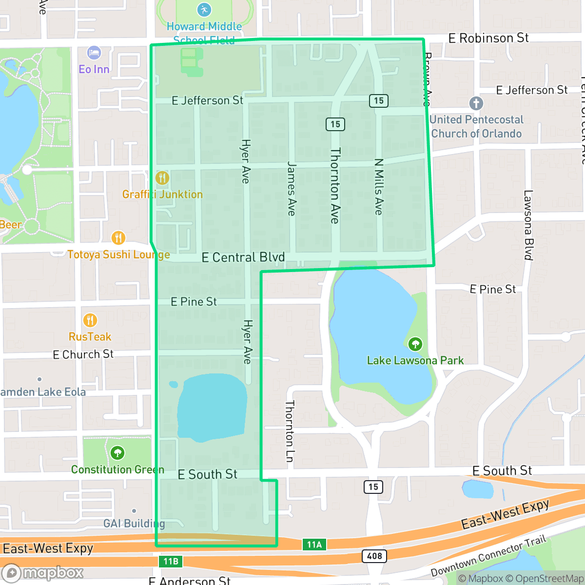 Map showing the location of Thornton Park, Orlando, FL