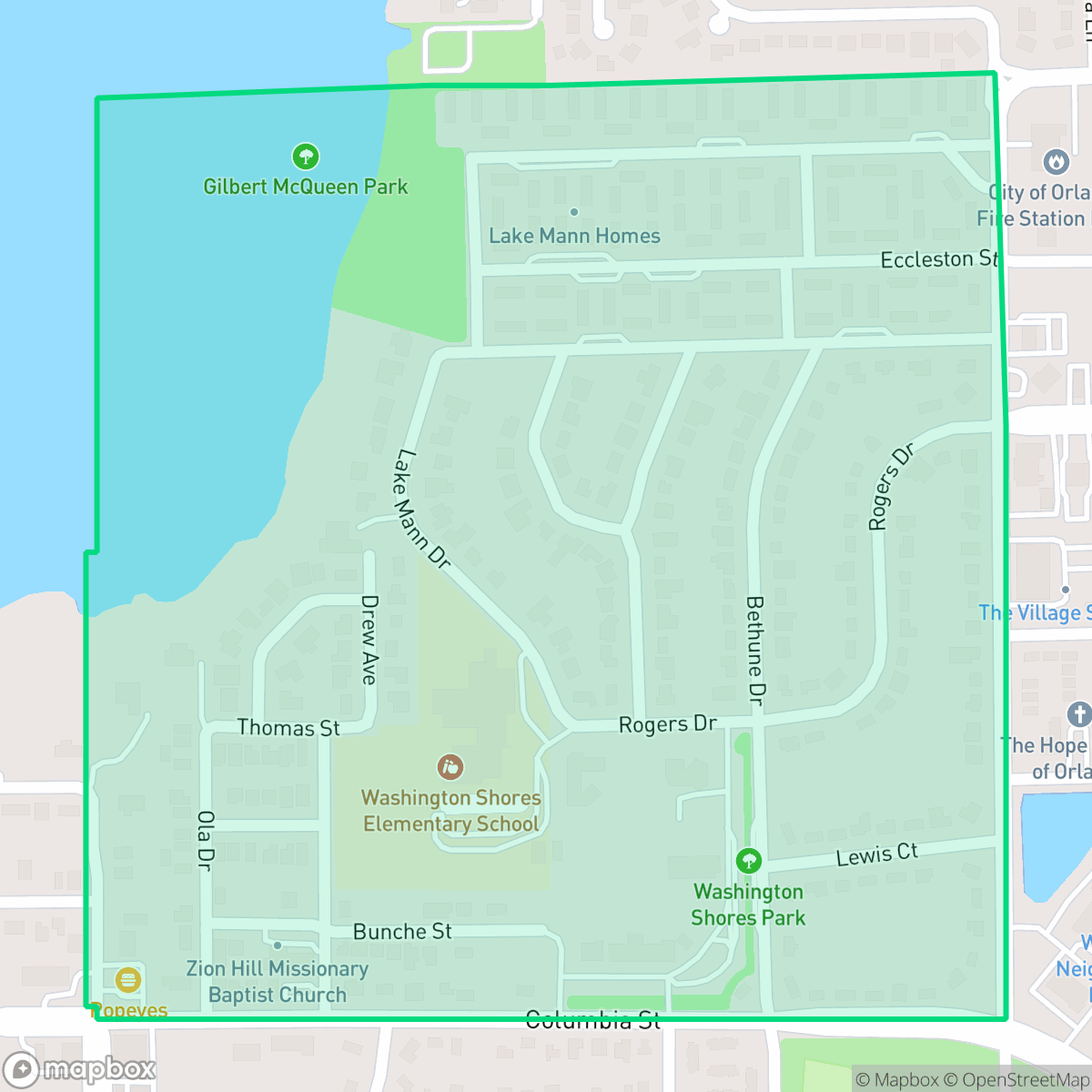Map showing the location of Washington Shores, Orlando, FL