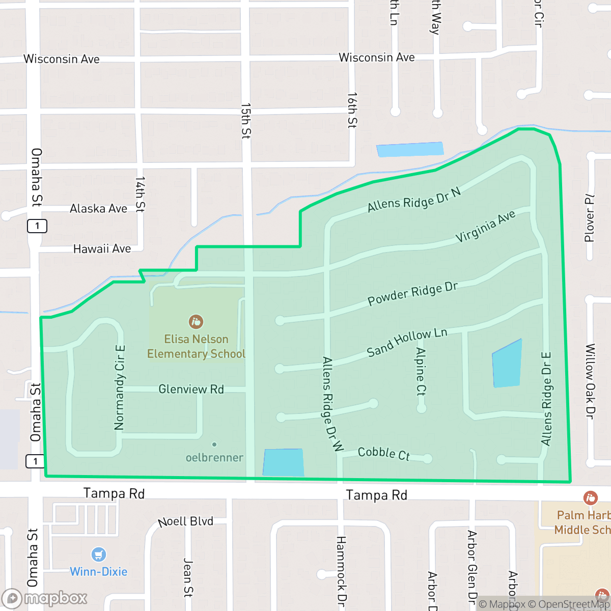 Map showing the location of Allen's Ridge, Palm Harbor, FL