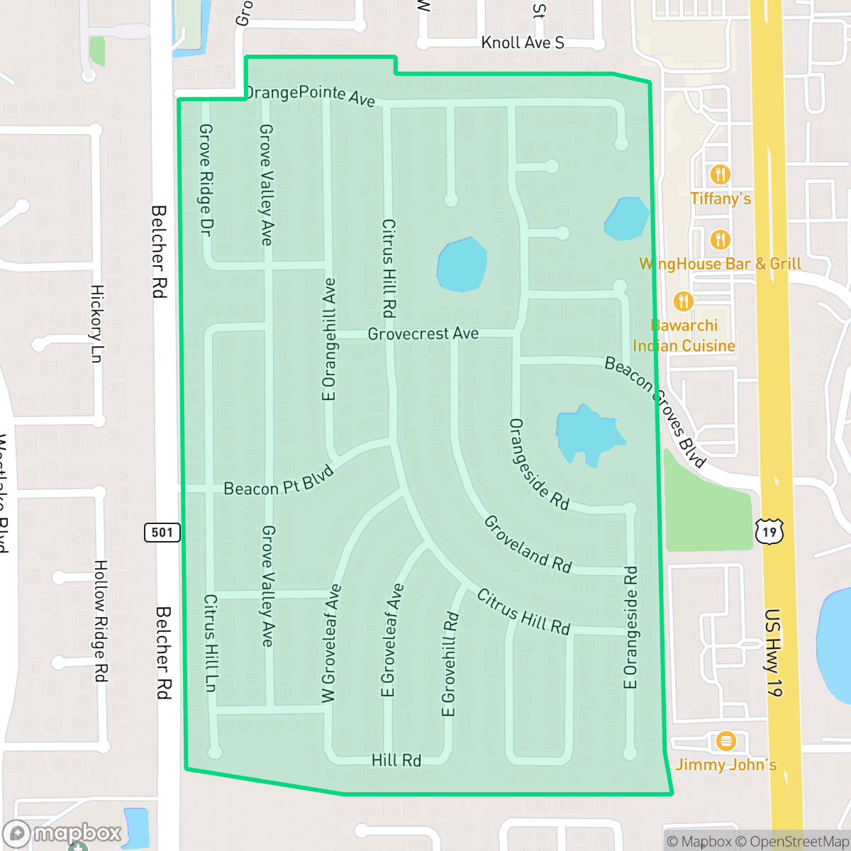Map showing the location of Beacon Groves, Palm Harbor, FL
