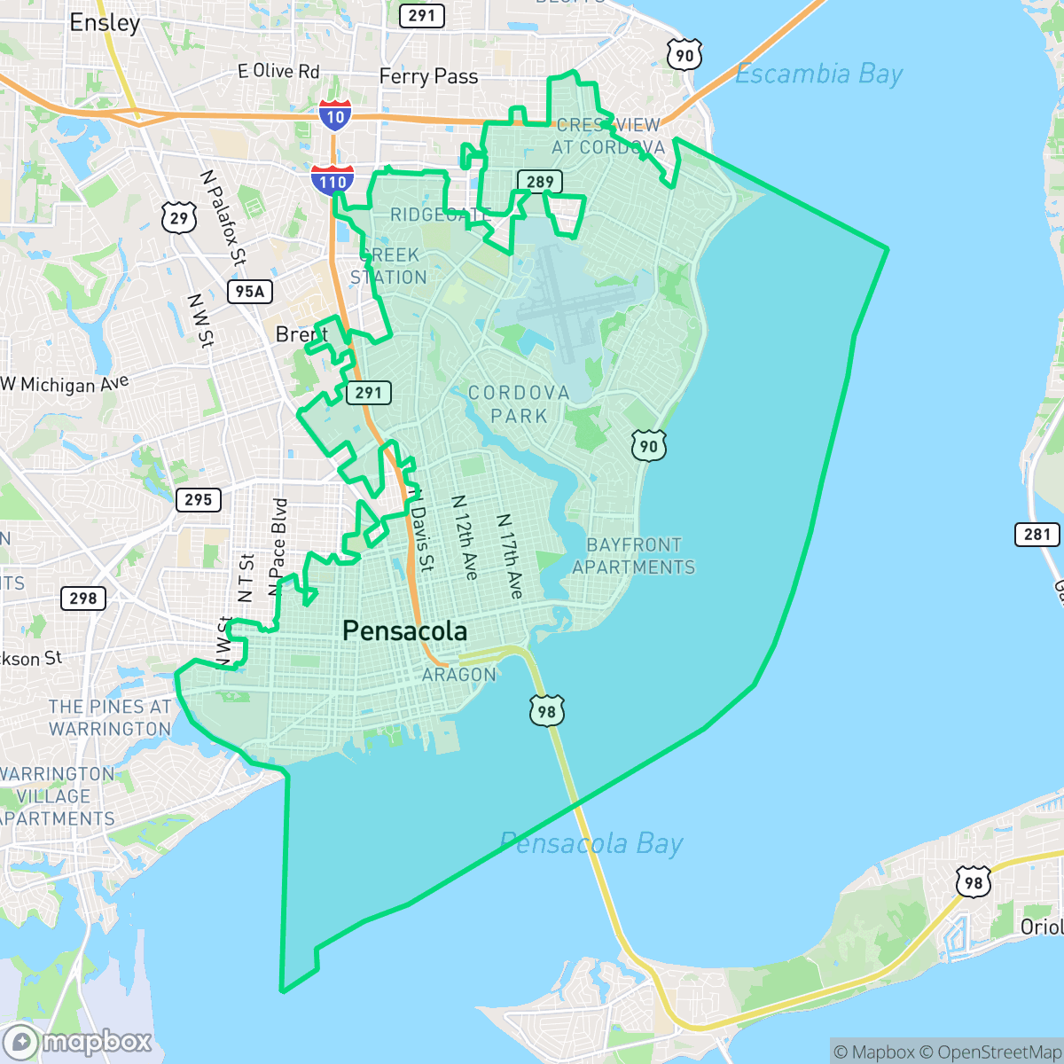 Map showing the location of Pensacola, FL — coverage area