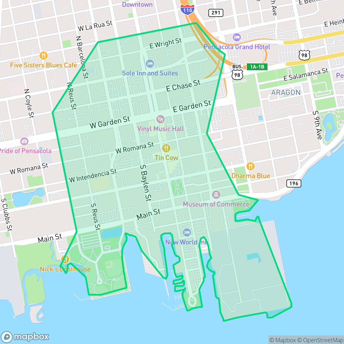 Map showing the location of Downtown, Pensacola, FL
