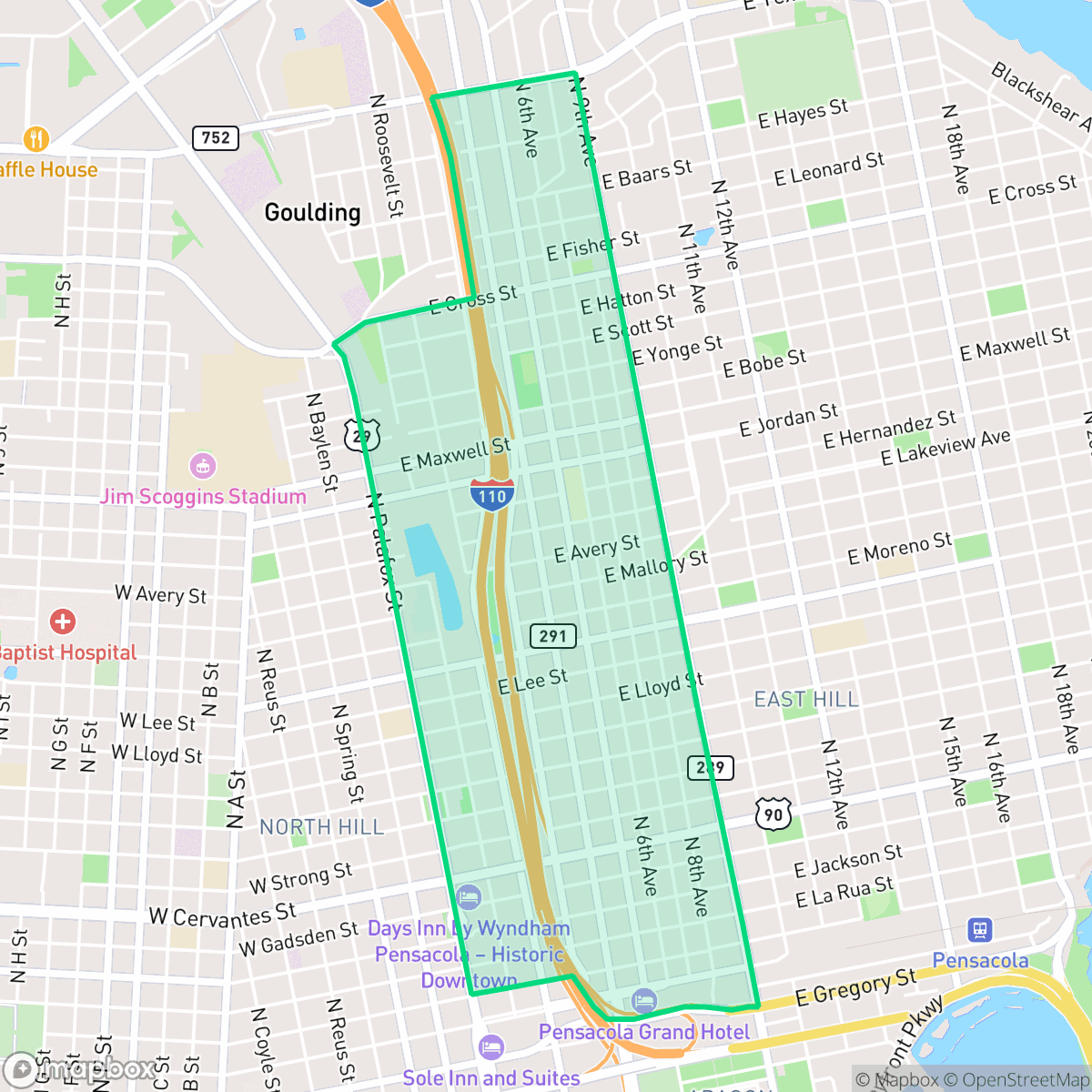 Map showing the location of East Downtown, Pensacola, FL
