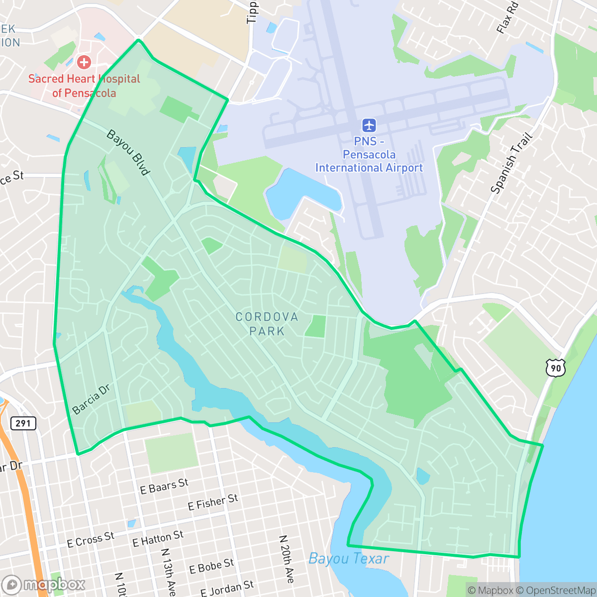 Map showing the location of Woodland Heights, Pensacola, FL